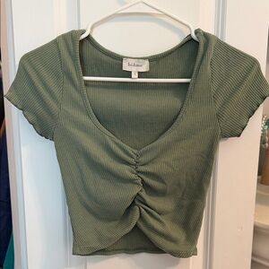 Olive Green Ribbed Ruched Crop Top